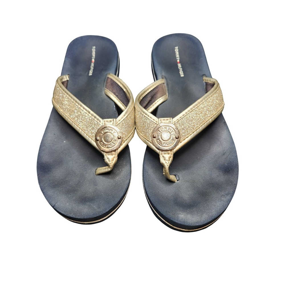 Tommy Hilfiger Sandals Shoes Womens Size 7 Gold Glitter Thong Logo Flip Flop